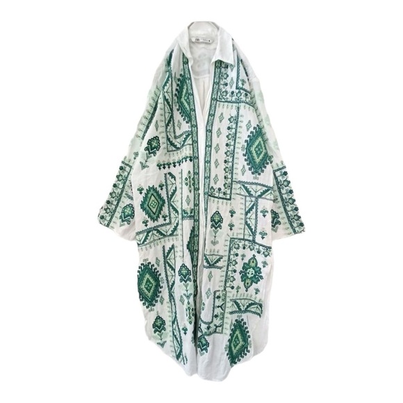 Zara White Green Embroidered Tunic Collared Shirt Dress Boho Cover Up size XL - Picture 14 of 15